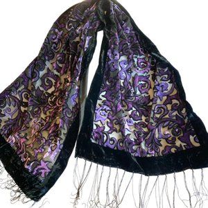 Beautiful Black, Lavender, purple Velvet Burnout Scarf, Black, Semi Sheer, Burn